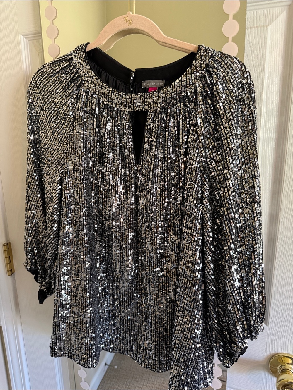 Vince Camuto Black and Silver Sequin Long Sleeve Blouse